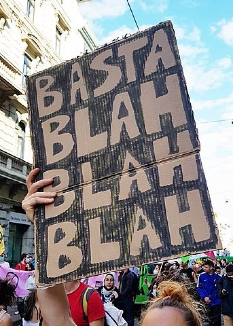 Blah blah blah sign Fridays for Future pre COP26 Milano Lombardy Italy 2021 10 01